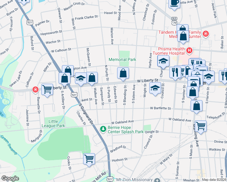 map of restaurants, bars, coffee shops, grocery stores, and more near 12 Edwards Street in Sumter