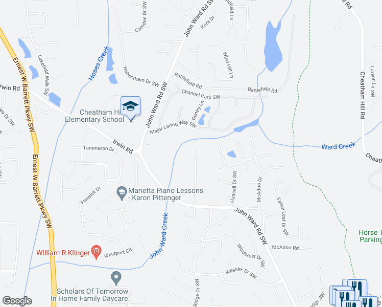 map of restaurants, bars, coffee shops, grocery stores, and more near 1354 Willowbrook Drive Southwest in Marietta