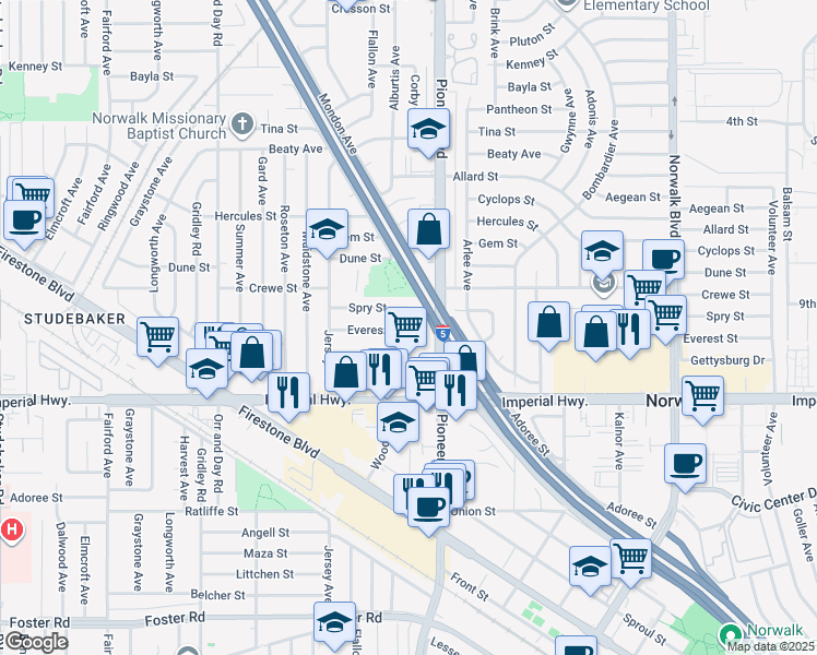 map of restaurants, bars, coffee shops, grocery stores, and more near 11737 Everest Street in Norwalk
