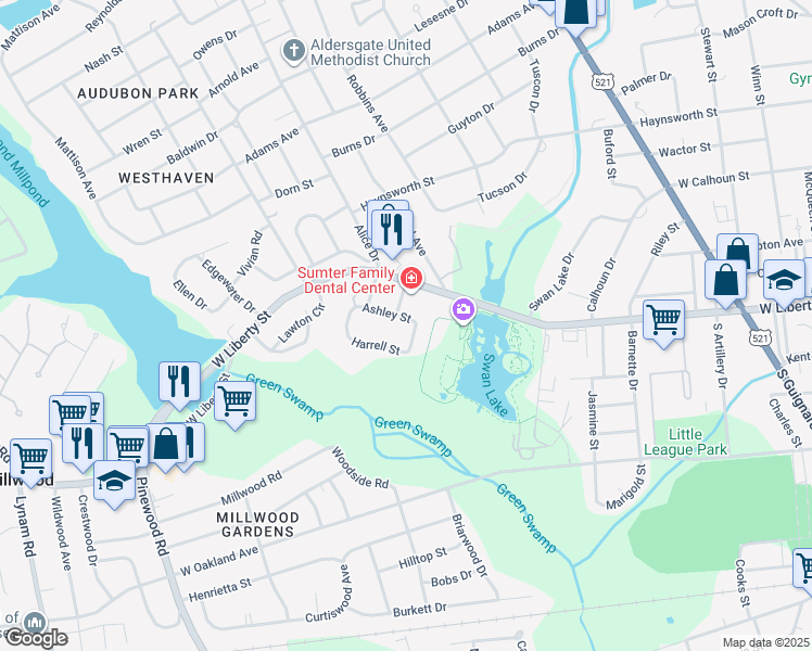 map of restaurants, bars, coffee shops, grocery stores, and more near 4 Ashley Street in Sumter