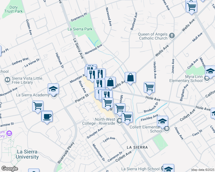 map of restaurants, bars, coffee shops, grocery stores, and more near 11073 Hole Ave in Riverside
