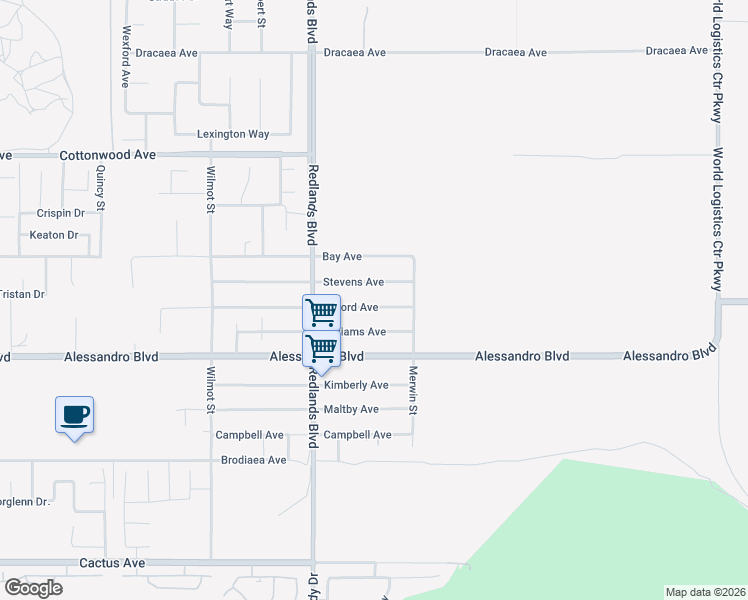 map of restaurants, bars, coffee shops, grocery stores, and more near 29140 Gifford Avenue in Moreno Valley