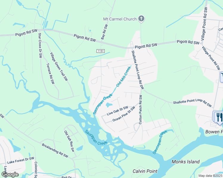 map of restaurants, bars, coffee shops, grocery stores, and more near 4411 Cheshire Way Southwest in Shallotte