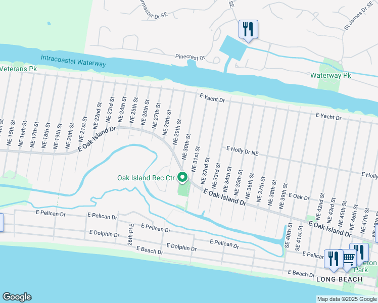 map of restaurants, bars, coffee shops, grocery stores, and more near 114 Northeast 30th Street in Oak Island