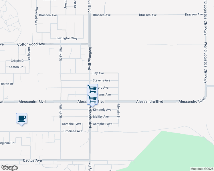 map of restaurants, bars, coffee shops, grocery stores, and more near 29140 Gifford Avenue in Moreno Valley
