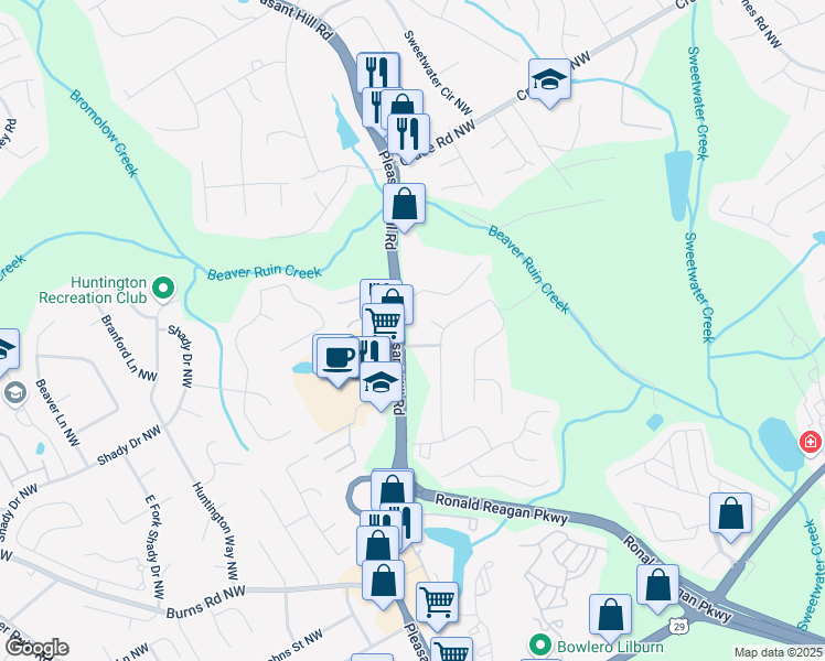 map of restaurants, bars, coffee shops, grocery stores, and more near 746 Pleasant Hill Road in Lilburn