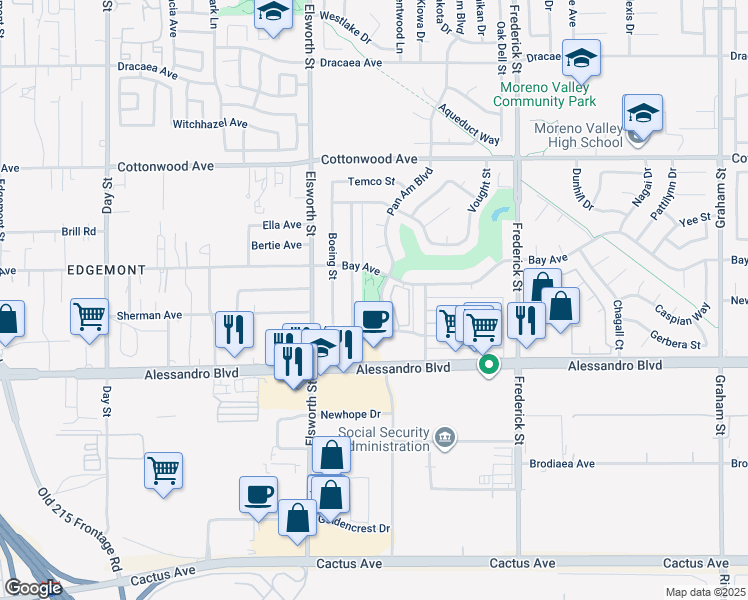 map of restaurants, bars, coffee shops, grocery stores, and more near 22631 Bay Avenue in Moreno Valley