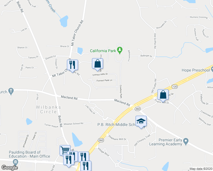 map of restaurants, bars, coffee shops, grocery stores, and more near 124 Forrest Hills Drive in Dallas