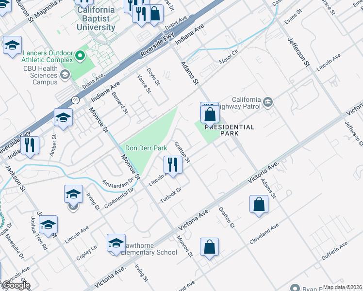 map of restaurants, bars, coffee shops, grocery stores, and more near 2951 Gratton Street in Riverside