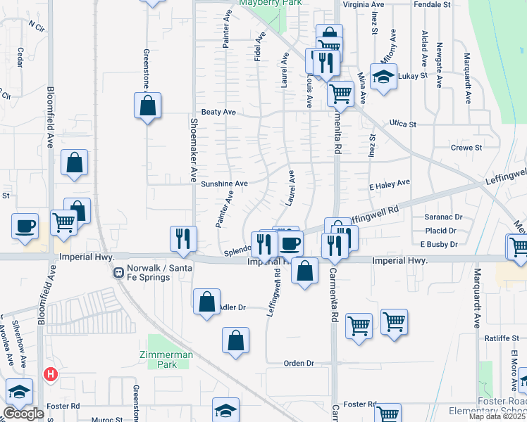 map of restaurants, bars, coffee shops, grocery stores, and more near 12300 Fidel Avenue in Whittier