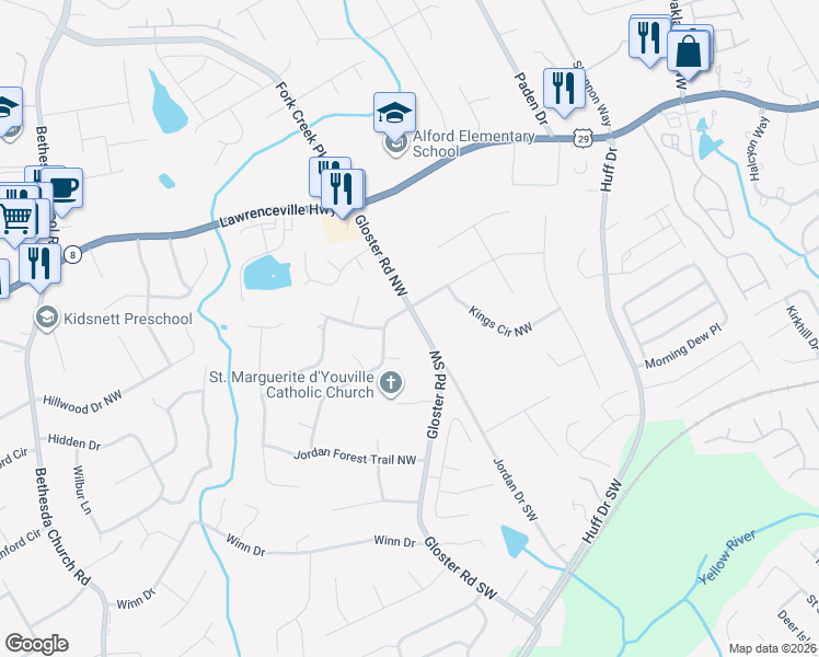 map of restaurants, bars, coffee shops, grocery stores, and more near 153 Gloster Road Northwest in Lawrenceville