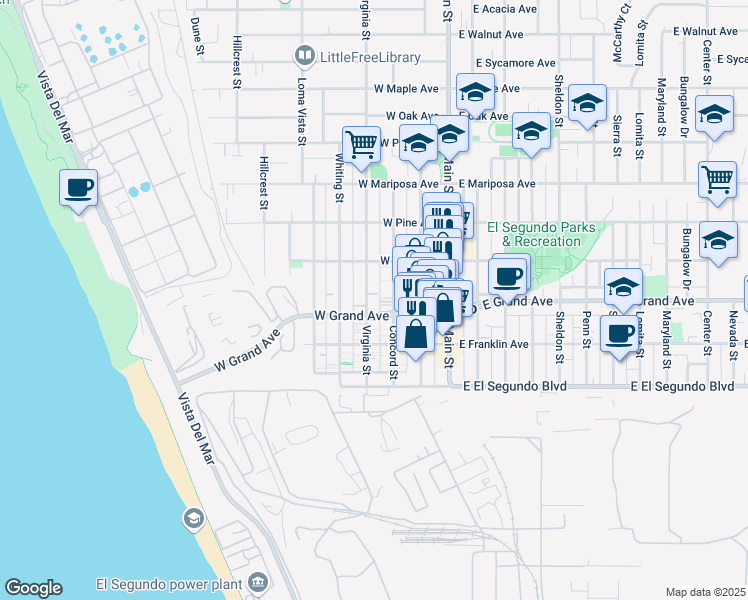map of restaurants, bars, coffee shops, grocery stores, and more near 314 Virginia Street in El Segundo
