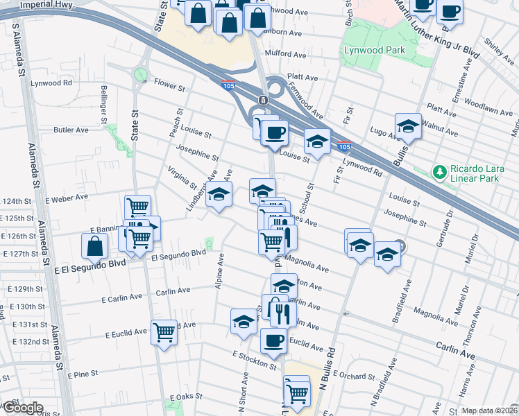 map of restaurants, bars, coffee shops, grocery stores, and more near 3395 Agnes Avenue in Lynwood