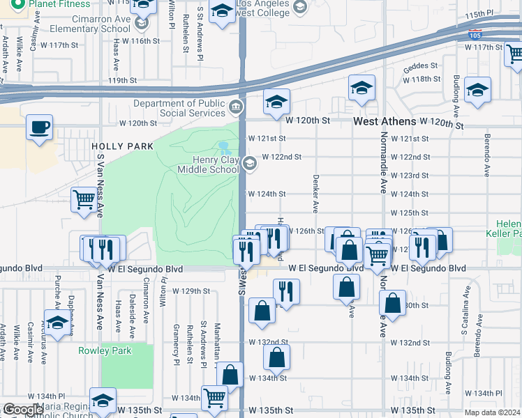 map of restaurants, bars, coffee shops, grocery stores, and more near 1733 West 125th Street in Los Angeles