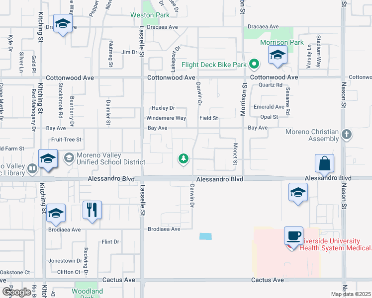 map of restaurants, bars, coffee shops, grocery stores, and more near 13858 Azure Street in Moreno Valley