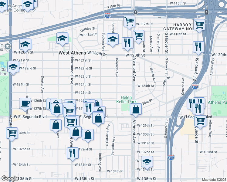 map of restaurants, bars, coffee shops, grocery stores, and more near 1115 West 125th Street in Los Angeles