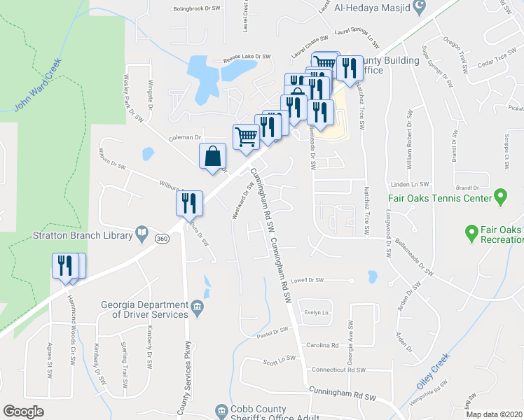 map of restaurants, bars, coffee shops, grocery stores, and more near 1360 Cunningham Road Southwest in Marietta