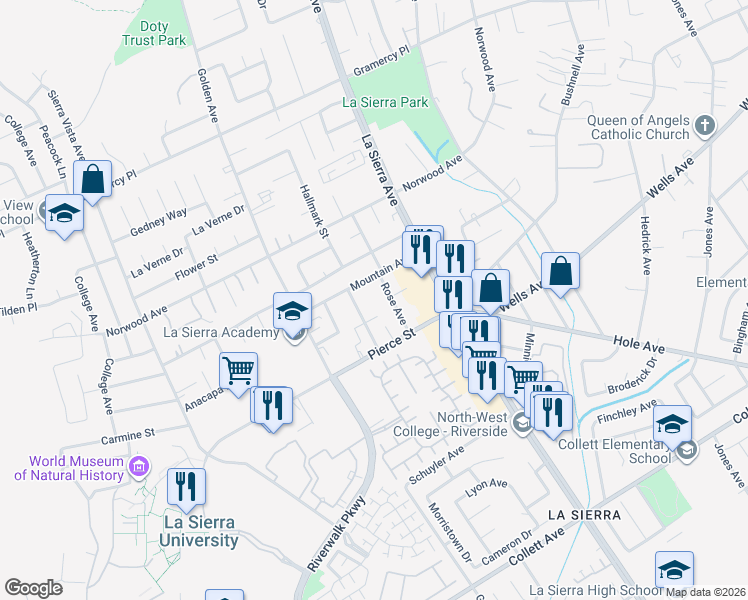 map of restaurants, bars, coffee shops, grocery stores, and more near 4972 Rose Avenue in Riverside