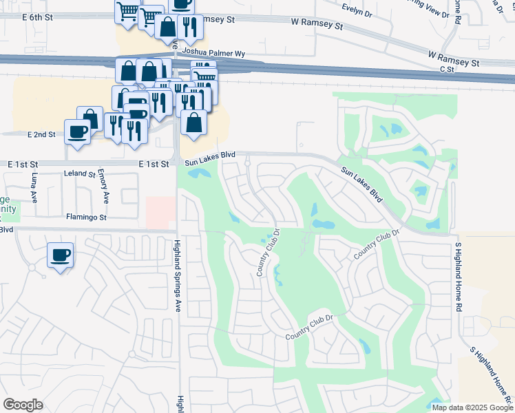 map of restaurants, bars, coffee shops, grocery stores, and more near 672 La Quinta Drive in Banning