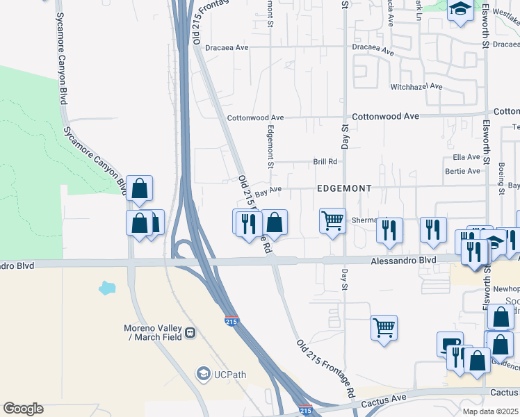 map of restaurants, bars, coffee shops, grocery stores, and more near 13828 Old 215 Frontage Road in Moreno Valley