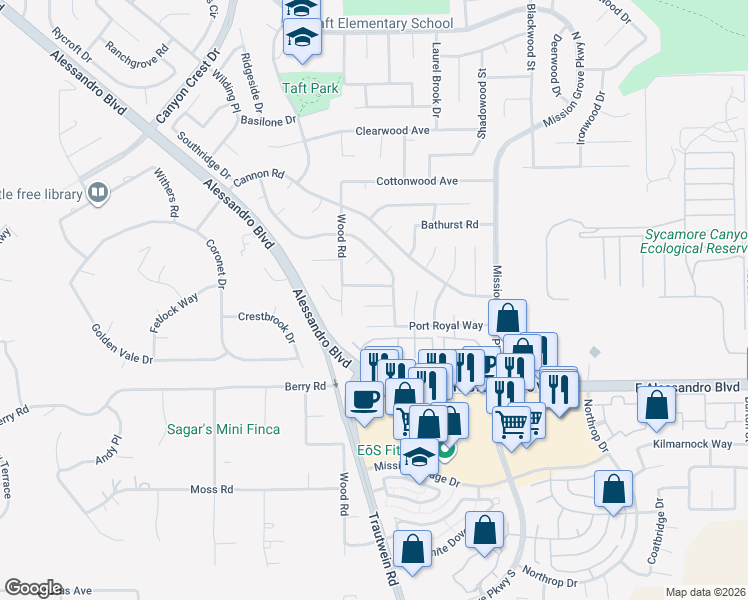map of restaurants, bars, coffee shops, grocery stores, and more near 136 Sandpoint Lane in Riverside