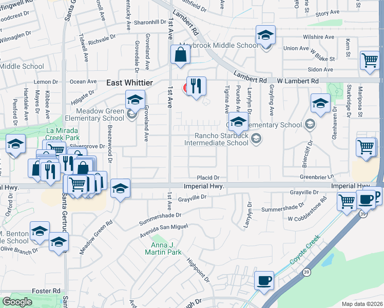 map of restaurants, bars, coffee shops, grocery stores, and more near 12218 Cullman Avenue in Whittier