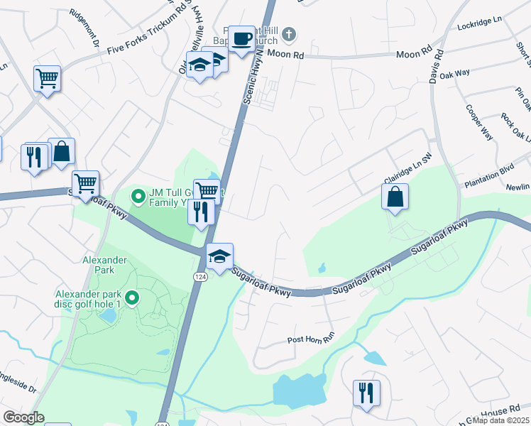 map of restaurants, bars, coffee shops, grocery stores, and more near 1136 Scenic Park Trail Southwest in Lawrenceville