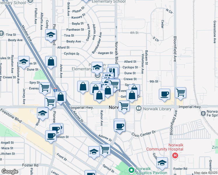 map of restaurants, bars, coffee shops, grocery stores, and more near 12303 Norwalk Boulevard in Norwalk