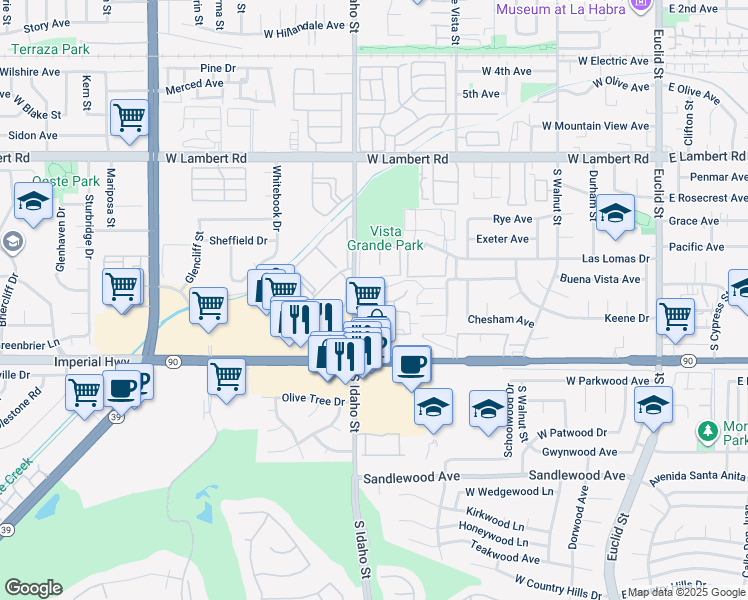 map of restaurants, bars, coffee shops, grocery stores, and more near 1120 Buena Vista Avenue in La Habra