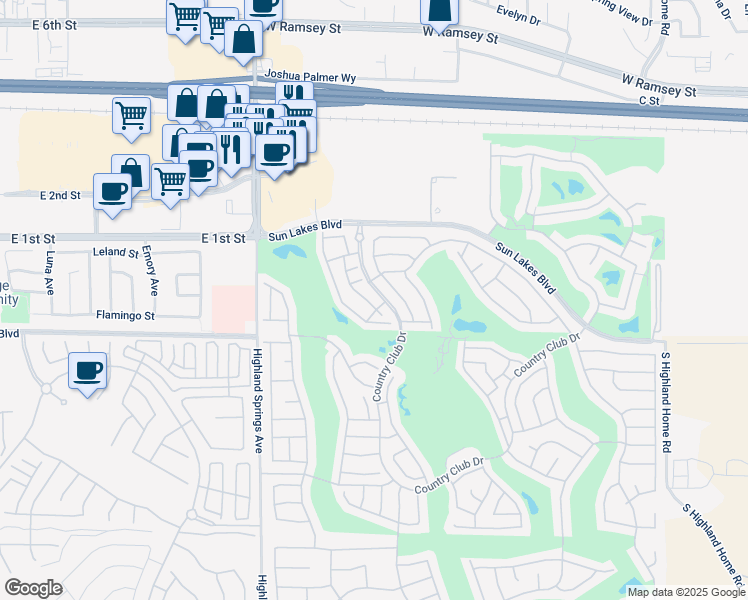 map of restaurants, bars, coffee shops, grocery stores, and more near 672 La Quinta Drive in Banning