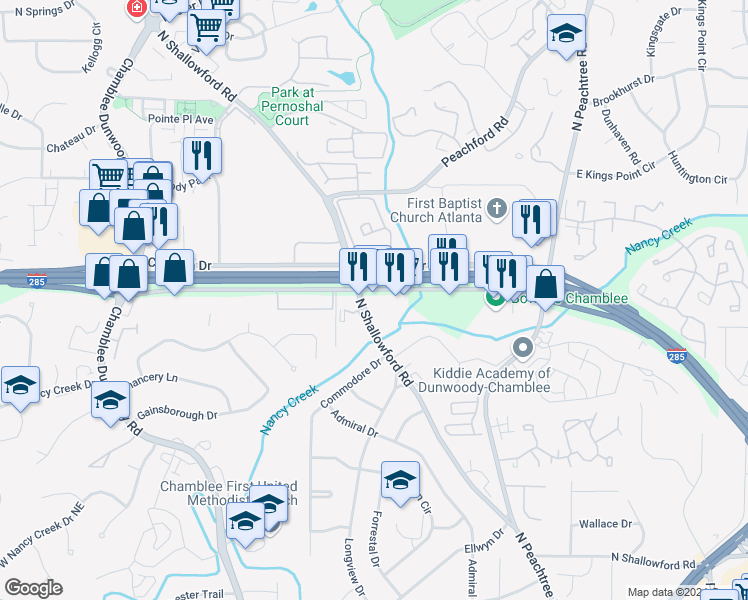 map of restaurants, bars, coffee shops, grocery stores, and more near 2071 Savoy Dr in Chamblee