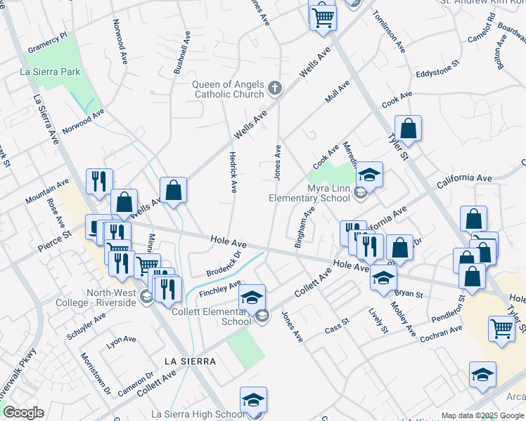 map of restaurants, bars, coffee shops, grocery stores, and more near 4564 Jones Avenue in Riverside