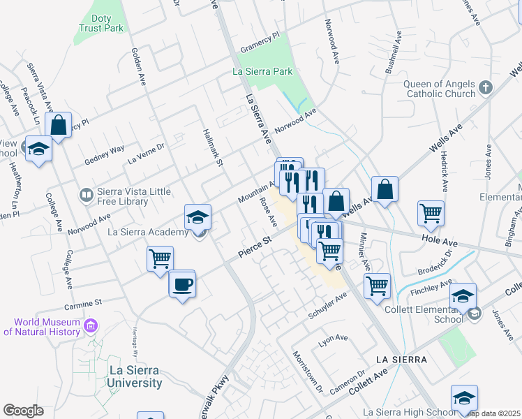 map of restaurants, bars, coffee shops, grocery stores, and more near 4972 Rose Avenue in Riverside
