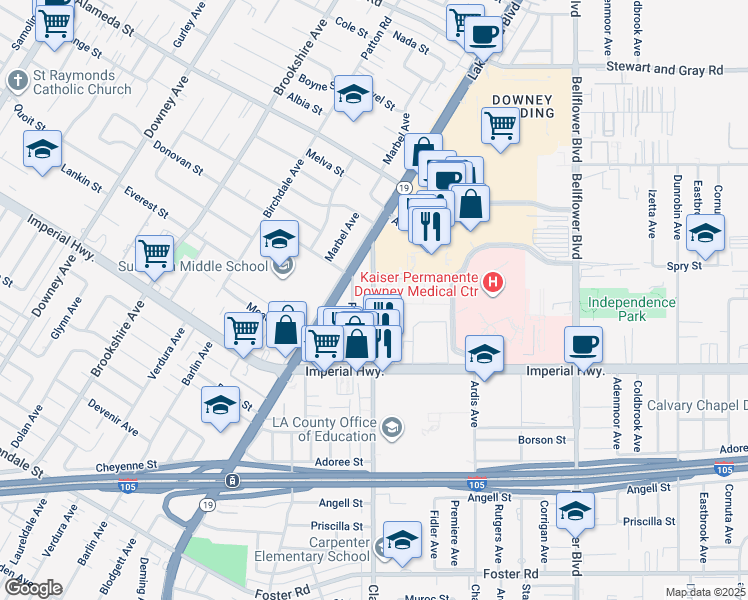 map of restaurants, bars, coffee shops, grocery stores, and more near 12425 Columbia Way in Downey