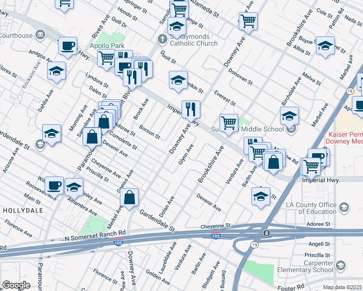 map of restaurants, bars, coffee shops, grocery stores, and more near 12709 Glynn Avenue in Downey