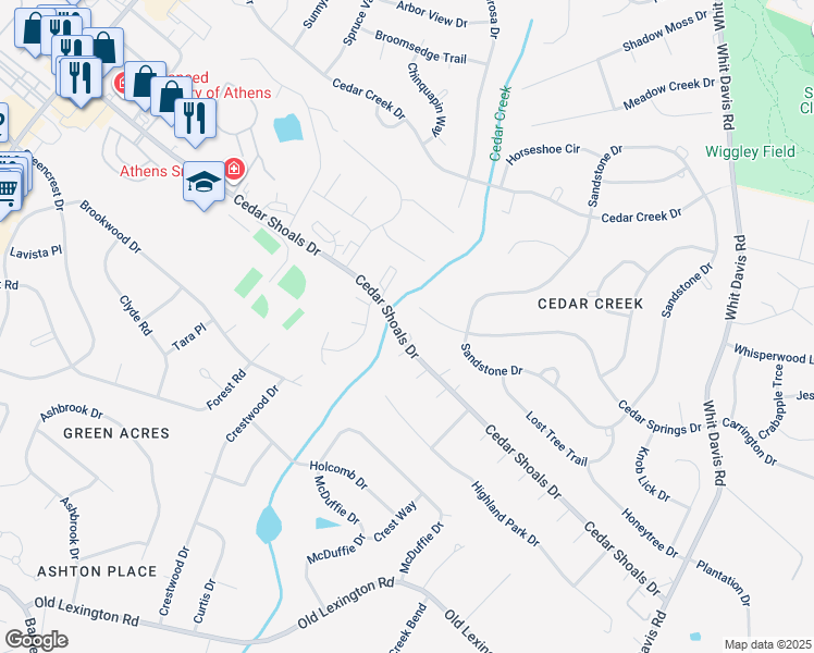 map of restaurants, bars, coffee shops, grocery stores, and more near 130 Cedar Springs Drive in Athens
