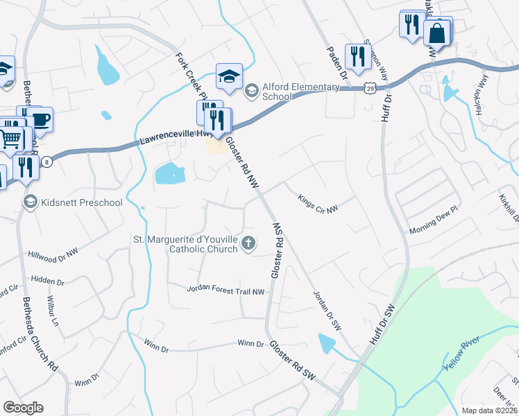 map of restaurants, bars, coffee shops, grocery stores, and more near 153 Gloster Road Northwest in Lawrenceville