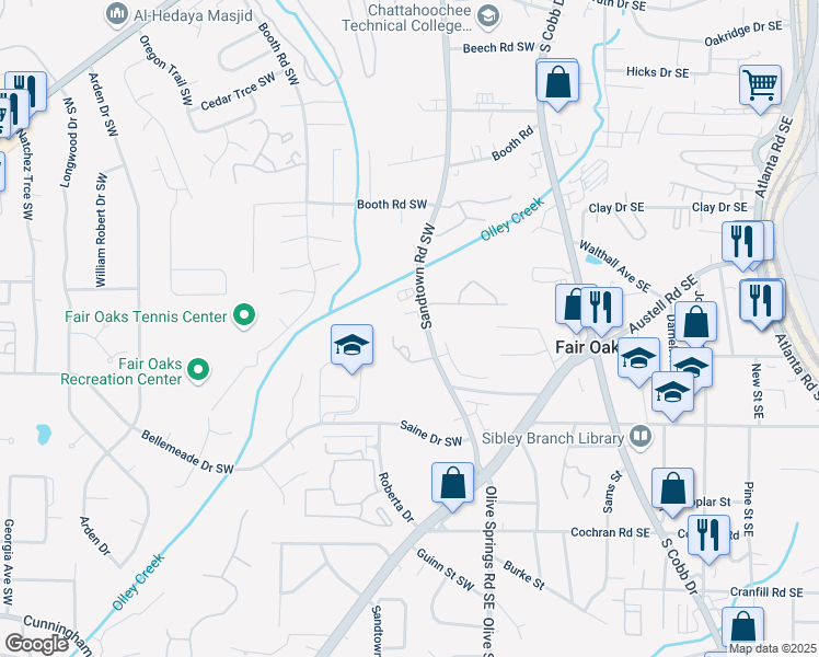 map of restaurants, bars, coffee shops, grocery stores, and more near 1376 Sandtown Road Southwest in Marietta