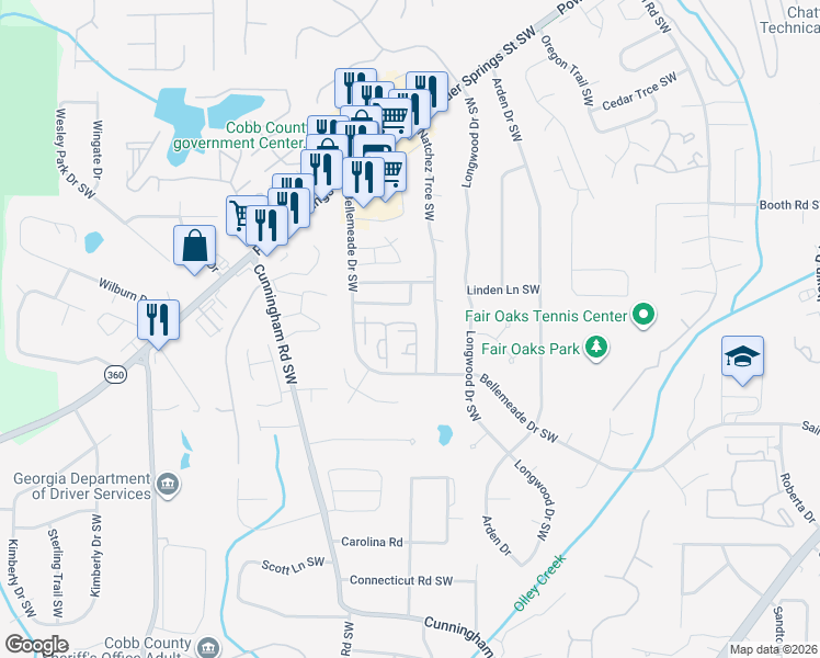 map of restaurants, bars, coffee shops, grocery stores, and more near 1354 Natchez Trce Southwest in Marietta
