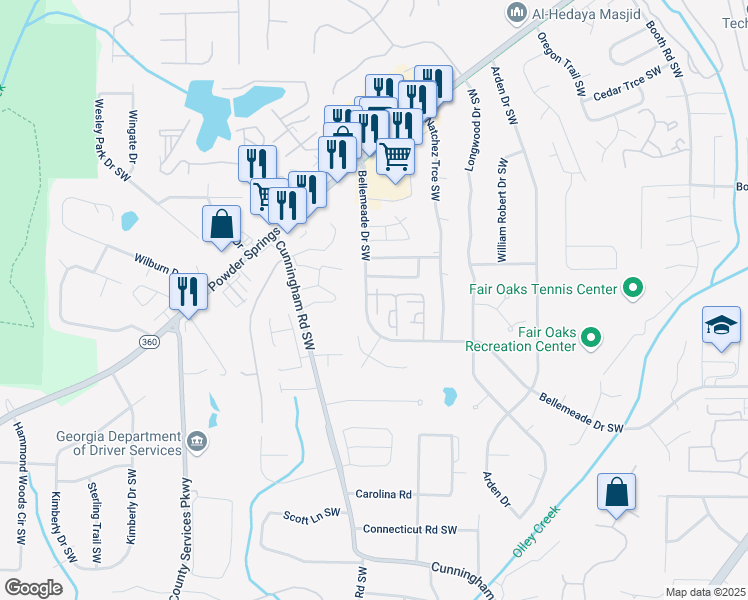 map of restaurants, bars, coffee shops, grocery stores, and more near 1304 Old Coach Road Southwest in Marietta