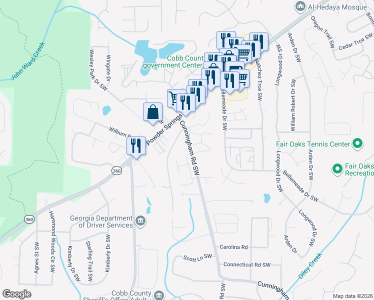 map of restaurants, bars, coffee shops, grocery stores, and more near 1360 Cunningham Road Southwest in Marietta