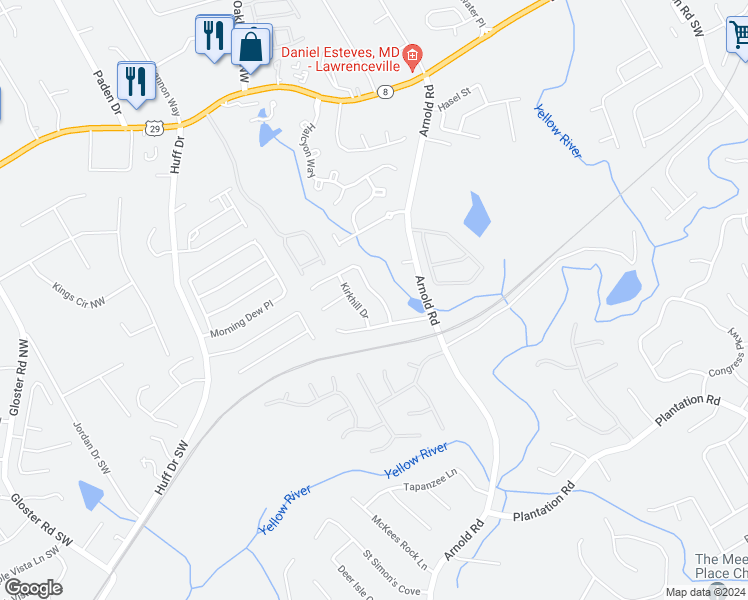 map of restaurants, bars, coffee shops, grocery stores, and more near 285 Kentshire Place Northwest in Lawrenceville