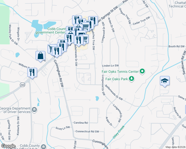 map of restaurants, bars, coffee shops, grocery stores, and more near 1354 Natchez Trce Southwest in Marietta