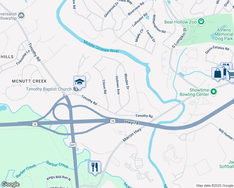 map of restaurants, bars, coffee shops, grocery stores, and more near 231 Holmes Avenue in Athens