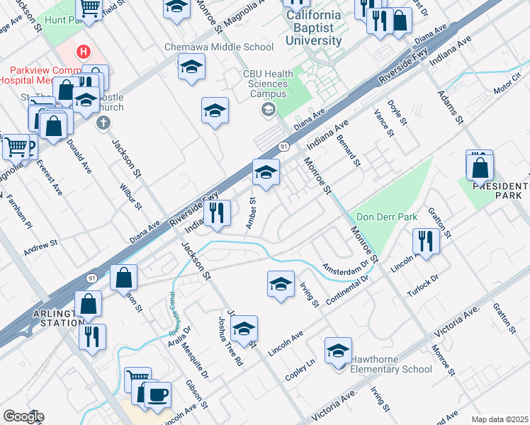 map of restaurants, bars, coffee shops, grocery stores, and more near 8873 Shawnee Avenue in Riverside