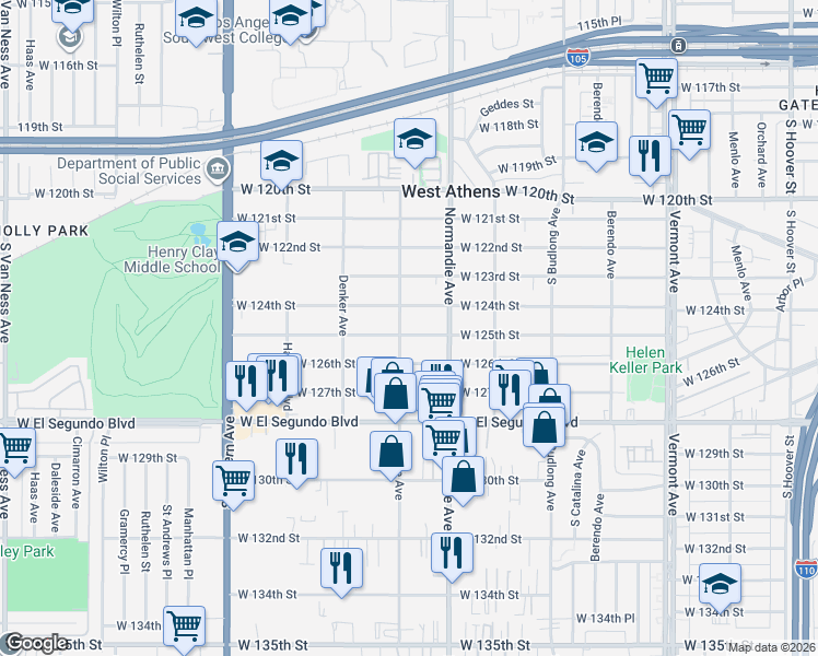 map of restaurants, bars, coffee shops, grocery stores, and more near 1449 West 125th Street in Los Angeles