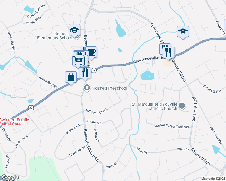 map of restaurants, bars, coffee shops, grocery stores, and more near 310 Amberwood Drive Northwest in Lawrenceville