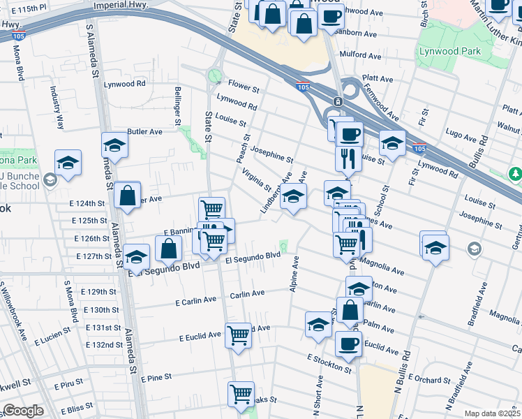 map of restaurants, bars, coffee shops, grocery stores, and more near 3276 Cedar Avenue in Lynwood