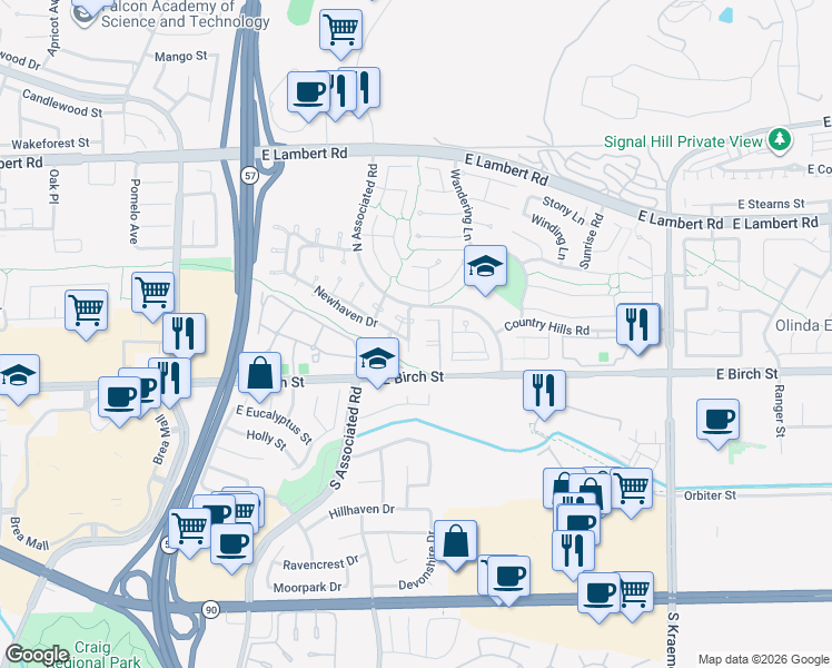 map of restaurants, bars, coffee shops, grocery stores, and more near 143 Cinnamon Ridge Road in Brea