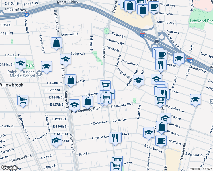 map of restaurants, bars, coffee shops, grocery stores, and more near 11968 North Santa Fe Avenue in Compton